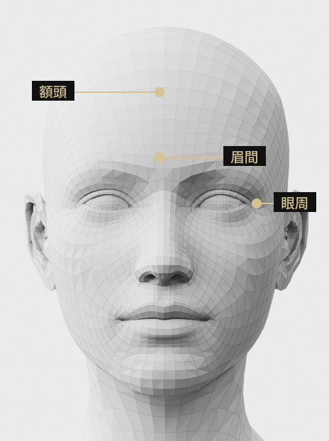 臉部區域指南圖顯示了可以注射肉毒桿菌素的部位，例如額頭、眉間和眼周。