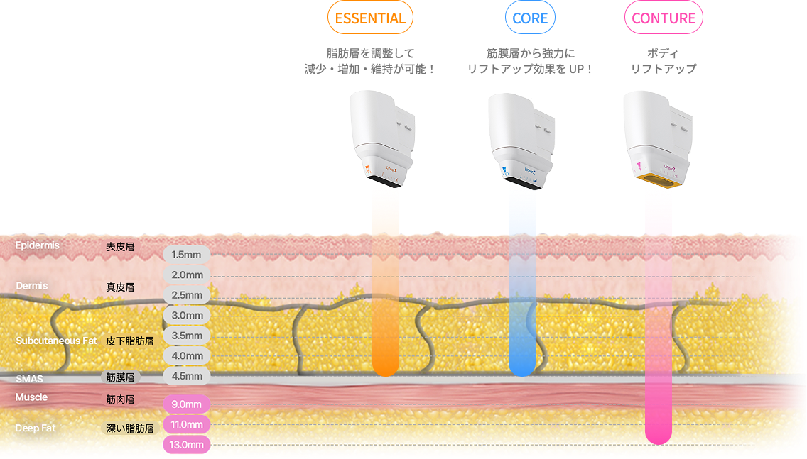 9〜13mmの深さのカートリッジを活用してボディ部位をカスタムターゲティングする超音波構造説明画像