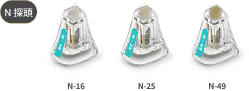 圖片展示了Potenza侵入性注射針頭的類型，包括多針針頭和單針針頭 - N型針頭