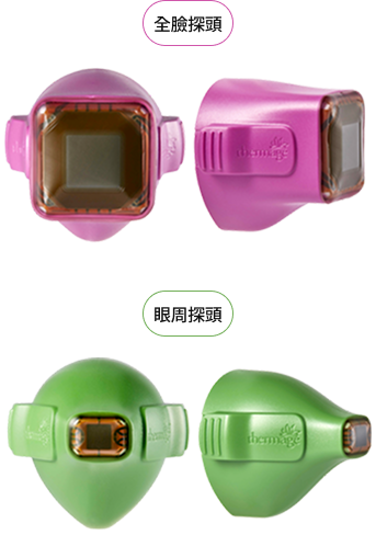 探頭配置圖顯示了 Thermage FLX 的各種注射選項以及專門用於眼部區域的眼部探頭。